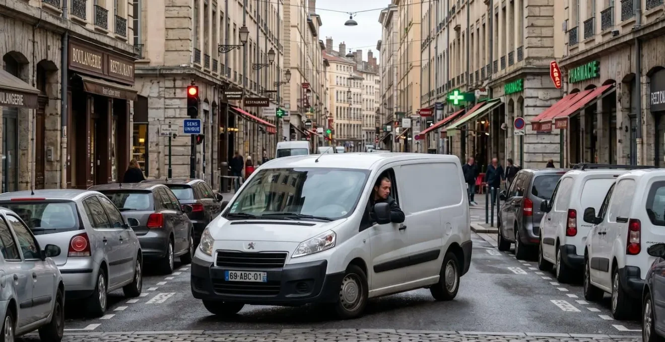 Véhicule utilitaire artisan circulant lentement dans une rue de centre-ville français avec toutes les places de stationnement occupées