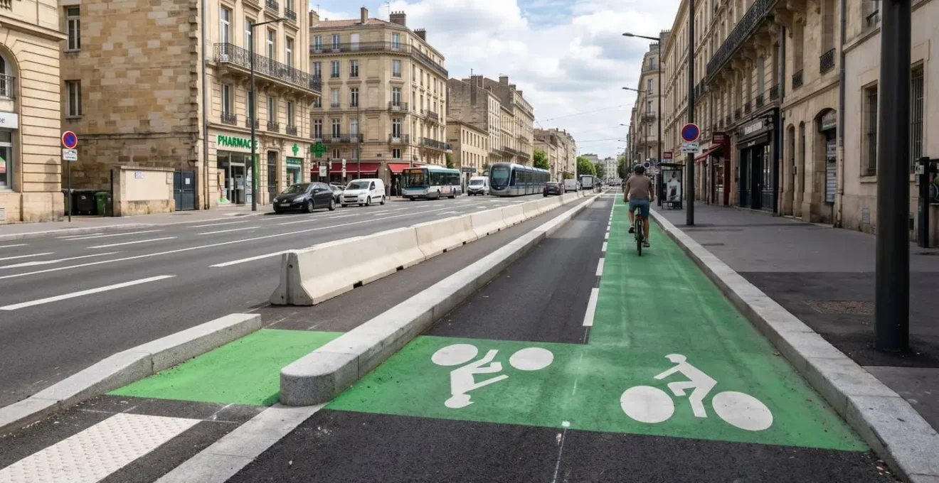 Piste cyclable protégée par séparateur physique en centre-ville français avec marquage au sol et signalisation vélo
