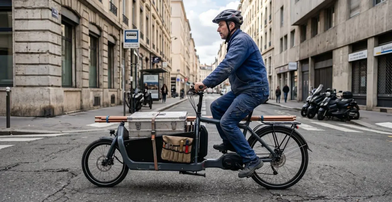 Plombier en tenue de travail circulant sur un vélo cargo électrique avec caisse à outils sur une piste cyclable protégée en centre-ville français
